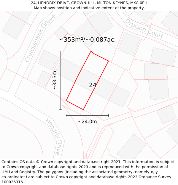 24, HENDRIX DRIVE, CROWNHILL, MILTON KEYNES, MK8 0EH: Plot and title map