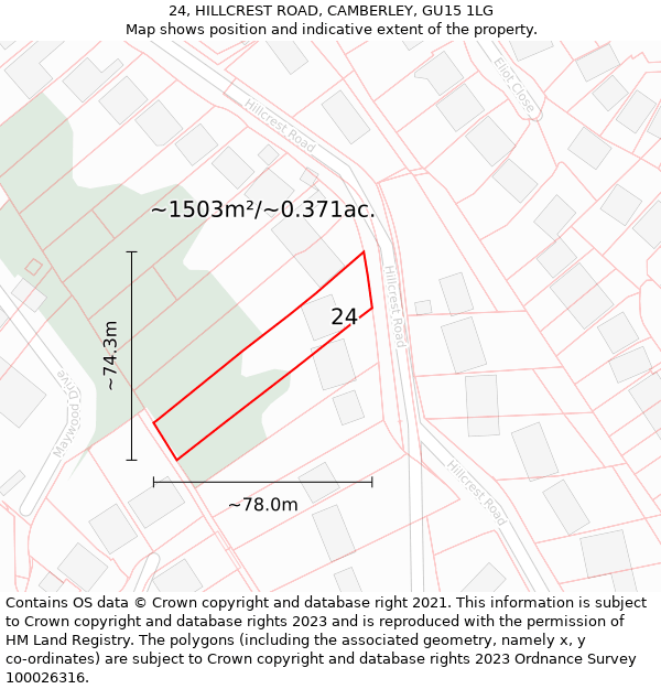 24, HILLCREST ROAD, CAMBERLEY, GU15 1LG: Plot and title map