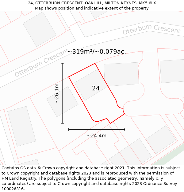 24, OTTERBURN CRESCENT, OAKHILL, MILTON KEYNES, MK5 6LX: Plot and title map