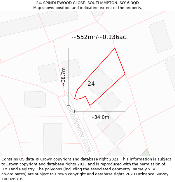 24, SPINDLEWOOD CLOSE, SOUTHAMPTON, SO16 3QD: Plot and title map