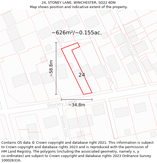 24, STONEY LANE, WINCHESTER, SO22 6DN: Plot and title map