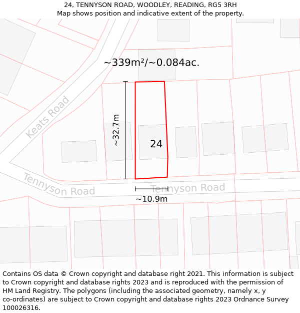 24, TENNYSON ROAD, WOODLEY, READING, RG5 3RH: Plot and title map