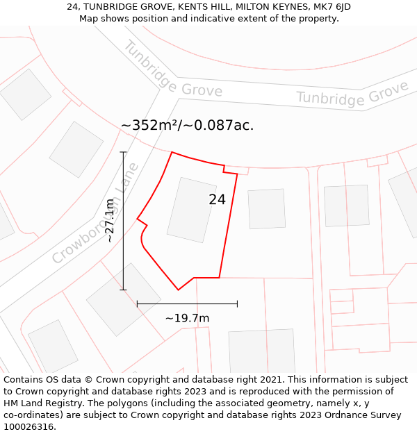 24, TUNBRIDGE GROVE, KENTS HILL, MILTON KEYNES, MK7 6JD: Plot and title map