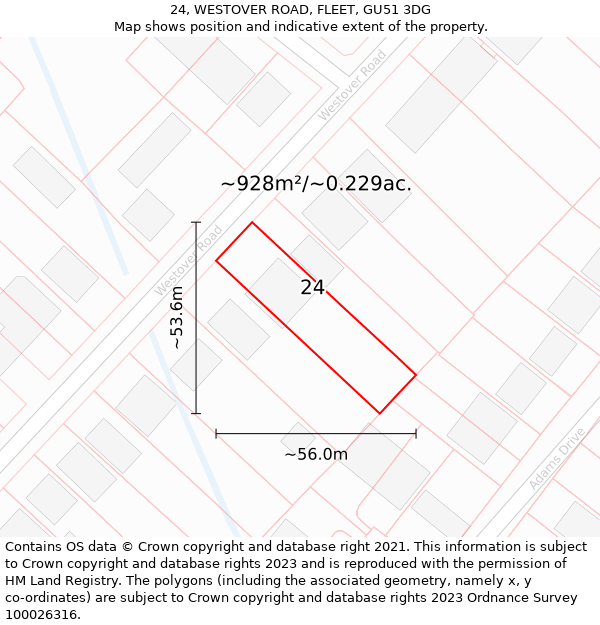 24, WESTOVER ROAD, FLEET, GU51 3DG: Plot and title map