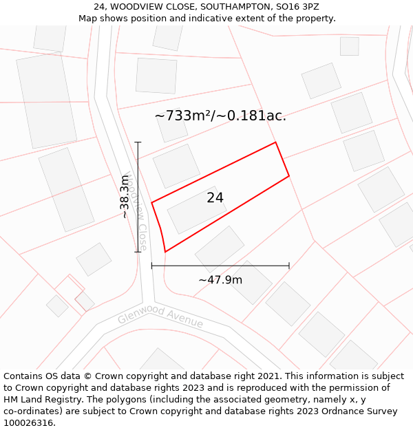 24, WOODVIEW CLOSE, SOUTHAMPTON, SO16 3PZ: Plot and title map