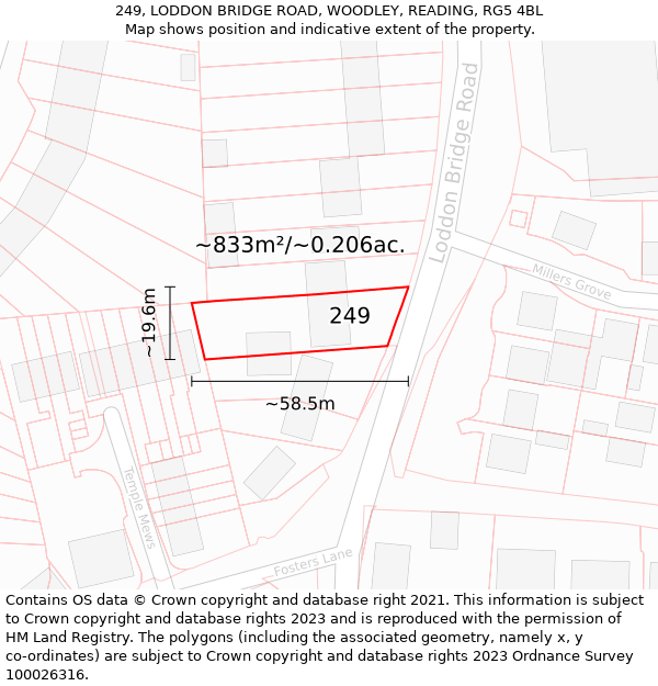 249, LODDON BRIDGE ROAD, WOODLEY, READING, RG5 4BL: Plot and title map