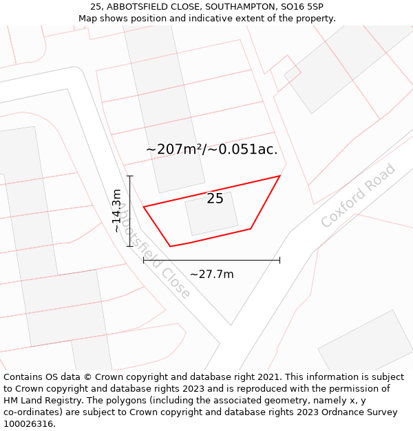 25, ABBOTSFIELD CLOSE, SOUTHAMPTON, SO16 5SP: Plot and title map