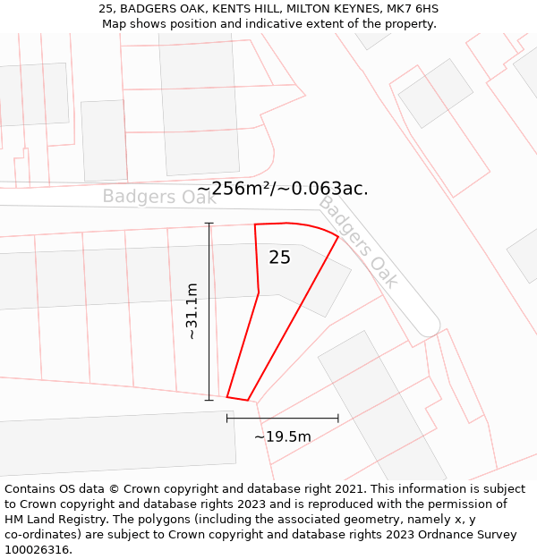 25, BADGERS OAK, KENTS HILL, MILTON KEYNES, MK7 6HS: Plot and title map