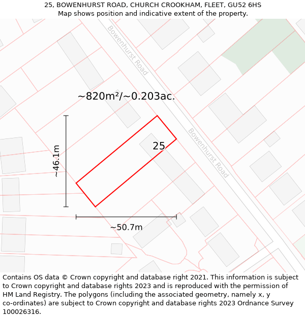 25, BOWENHURST ROAD, CHURCH CROOKHAM, FLEET, GU52 6HS: Plot and title map