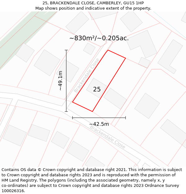 25, BRACKENDALE CLOSE, CAMBERLEY, GU15 1HP: Plot and title map