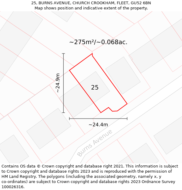 25, BURNS AVENUE, CHURCH CROOKHAM, FLEET, GU52 6BN: Plot and title map