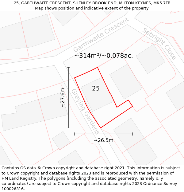 25, GARTHWAITE CRESCENT, SHENLEY BROOK END, MILTON KEYNES, MK5 7FB: Plot and title map