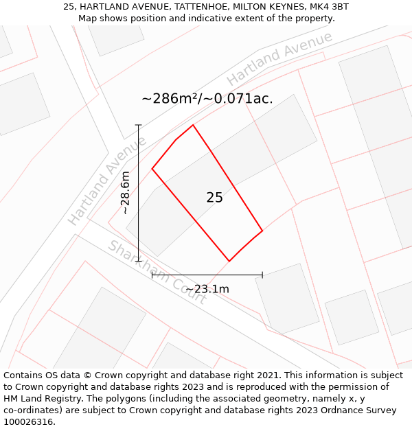 25, HARTLAND AVENUE, TATTENHOE, MILTON KEYNES, MK4 3BT: Plot and title map