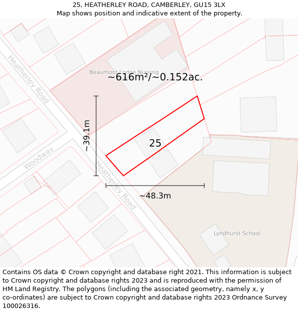 25, HEATHERLEY ROAD, CAMBERLEY, GU15 3LX: Plot and title map