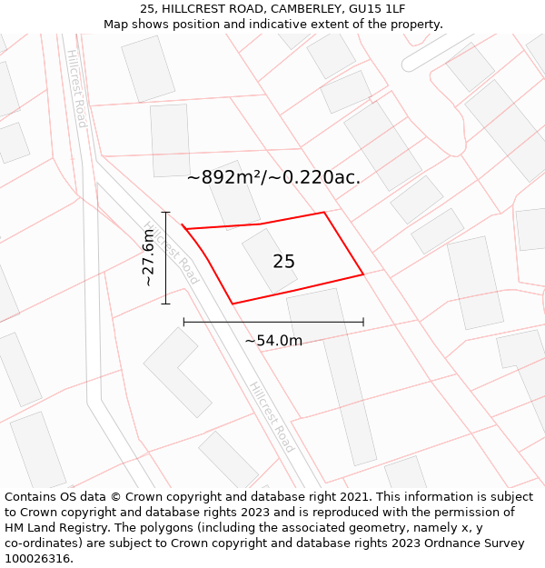 25, HILLCREST ROAD, CAMBERLEY, GU15 1LF: Plot and title map