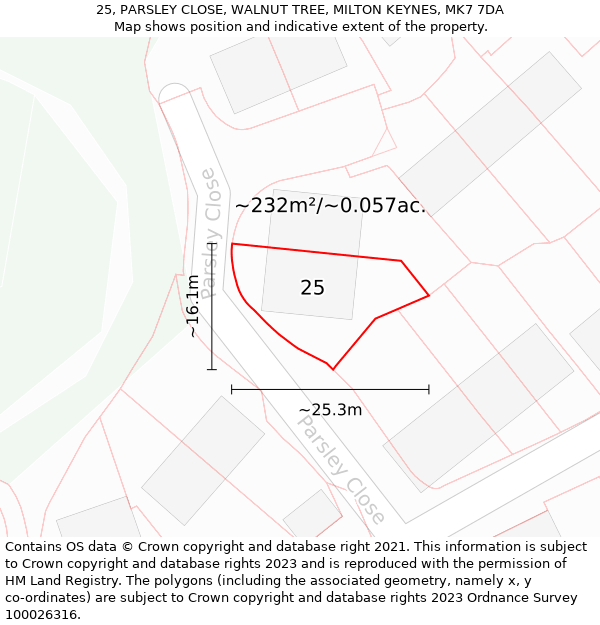 25, PARSLEY CLOSE, WALNUT TREE, MILTON KEYNES, MK7 7DA: Plot and title map