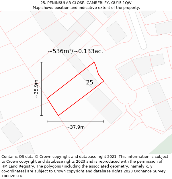 25, PENINSULAR CLOSE, CAMBERLEY, GU15 1QW: Plot and title map