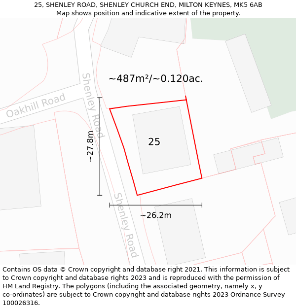 25, SHENLEY ROAD, SHENLEY CHURCH END, MILTON KEYNES, MK5 6AB: Plot and title map