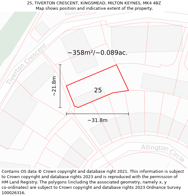 25, TIVERTON CRESCENT, KINGSMEAD, MILTON KEYNES, MK4 4BZ: Plot and title map