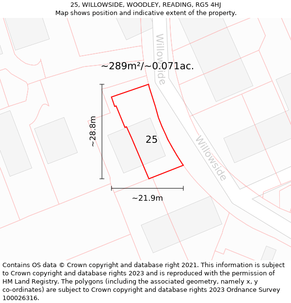 25, WILLOWSIDE, WOODLEY, READING, RG5 4HJ: Plot and title map