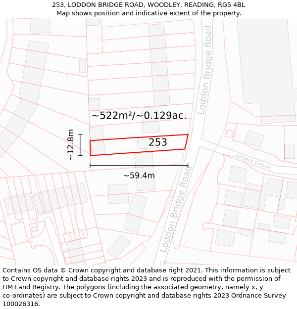 253, LODDON BRIDGE ROAD, WOODLEY, READING, RG5 4BL: Plot and title map