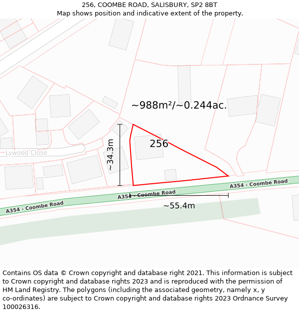 256, COOMBE ROAD, SALISBURY, SP2 8BT: Plot and title map