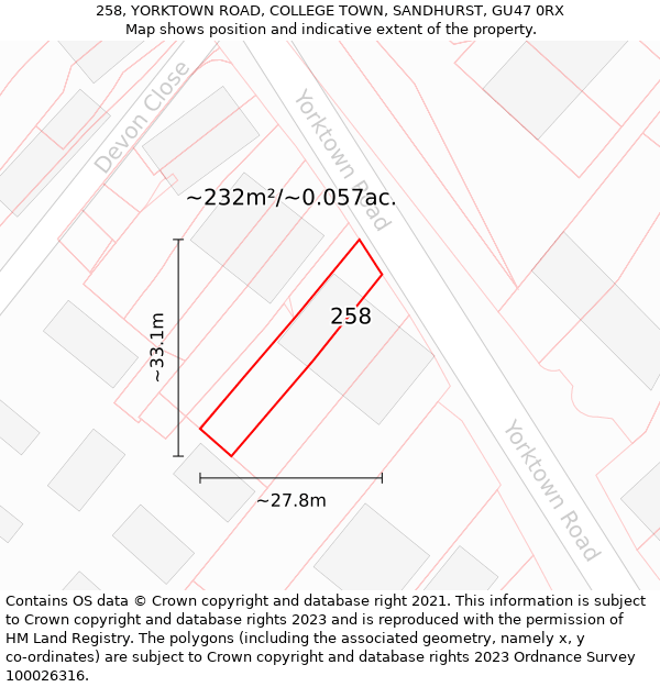 258, YORKTOWN ROAD, COLLEGE TOWN, SANDHURST, GU47 0RX: Plot and title map