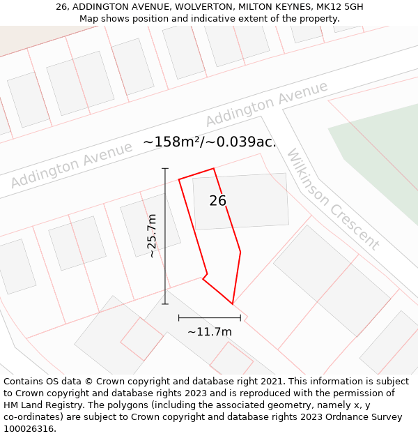 26, ADDINGTON AVENUE, WOLVERTON, MILTON KEYNES, MK12 5GH: Plot and title map