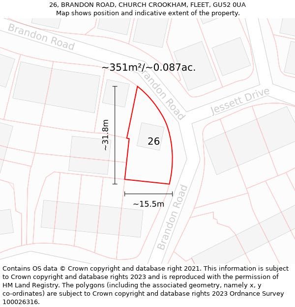 26, BRANDON ROAD, CHURCH CROOKHAM, FLEET, GU52 0UA: Plot and title map