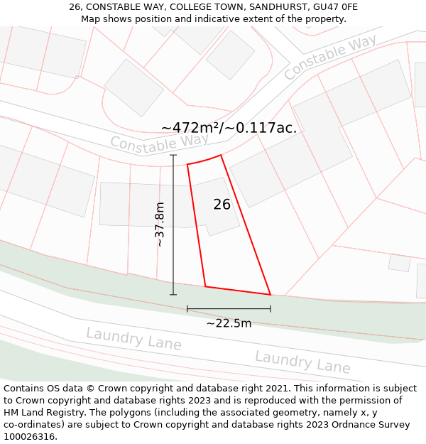 26, CONSTABLE WAY, COLLEGE TOWN, SANDHURST, GU47 0FE: Plot and title map