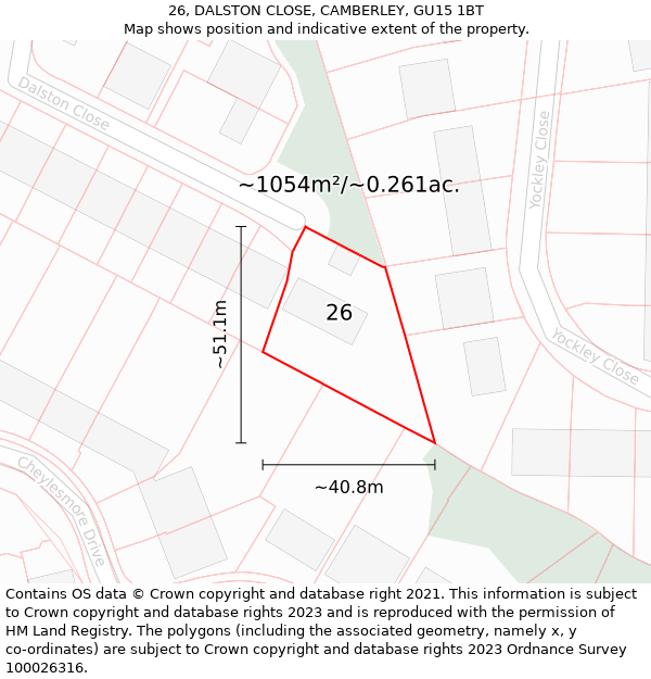 26, DALSTON CLOSE, CAMBERLEY, GU15 1BT: Plot and title map