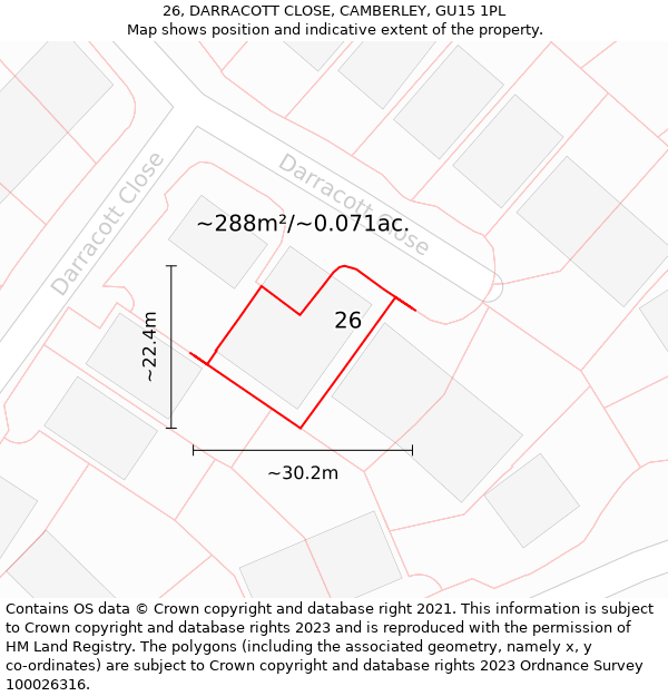 26, DARRACOTT CLOSE, CAMBERLEY, GU15 1PL: Plot and title map