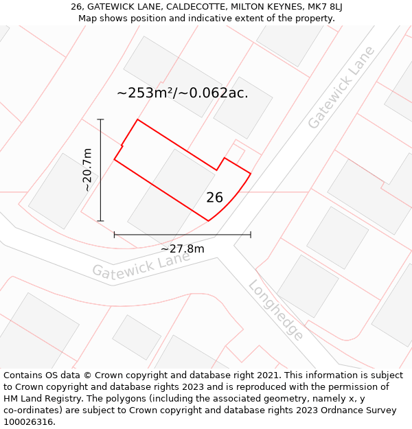 26, GATEWICK LANE, CALDECOTTE, MILTON KEYNES, MK7 8LJ: Plot and title map