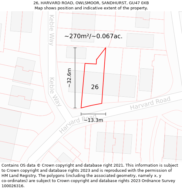 26, HARVARD ROAD, OWLSMOOR, SANDHURST, GU47 0XB: Plot and title map