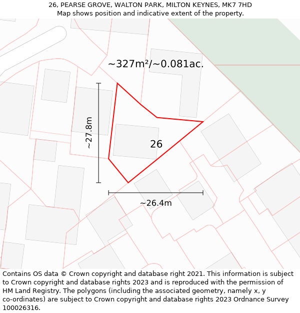 26, PEARSE GROVE, WALTON PARK, MILTON KEYNES, MK7 7HD: Plot and title map