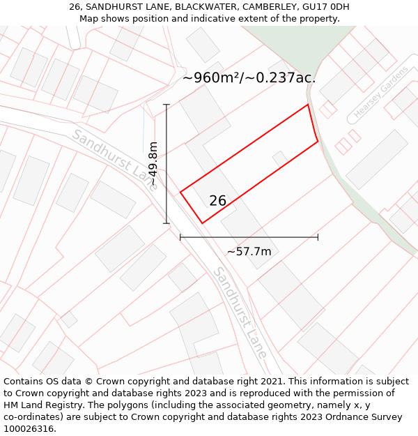 26, SANDHURST LANE, BLACKWATER, CAMBERLEY, GU17 0DH: Plot and title map