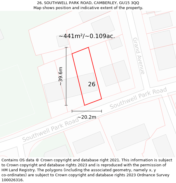 26, SOUTHWELL PARK ROAD, CAMBERLEY, GU15 3QQ: Plot and title map