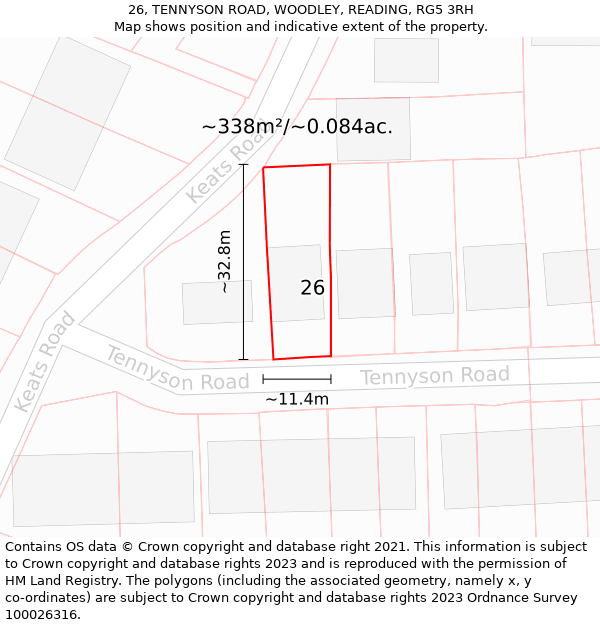 26, TENNYSON ROAD, WOODLEY, READING, RG5 3RH: Plot and title map