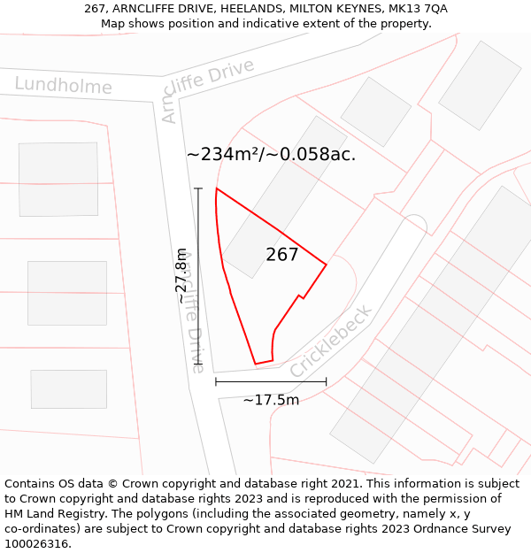 267, ARNCLIFFE DRIVE, HEELANDS, MILTON KEYNES, MK13 7QA: Plot and title map