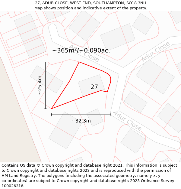 27, ADUR CLOSE, WEST END, SOUTHAMPTON, SO18 3NH: Plot and title map