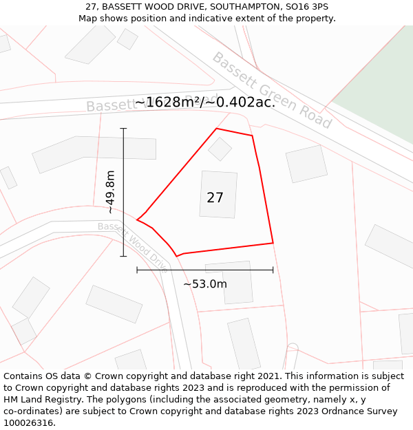 27, BASSETT WOOD DRIVE, SOUTHAMPTON, SO16 3PS: Plot and title map