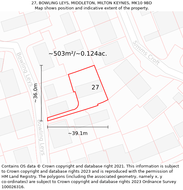27, BOWLING LEYS, MIDDLETON, MILTON KEYNES, MK10 9BD: Plot and title map