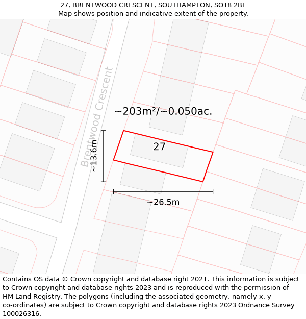 27, BRENTWOOD CRESCENT, SOUTHAMPTON, SO18 2BE: Plot and title map