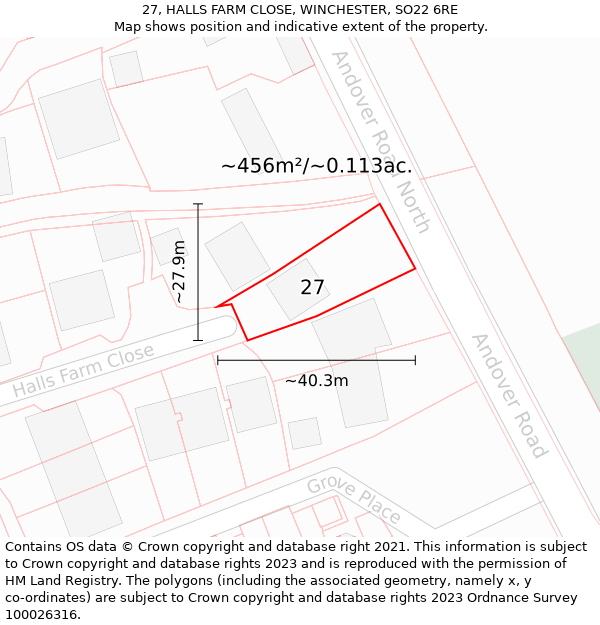 27, HALLS FARM CLOSE, WINCHESTER, SO22 6RE: Plot and title map