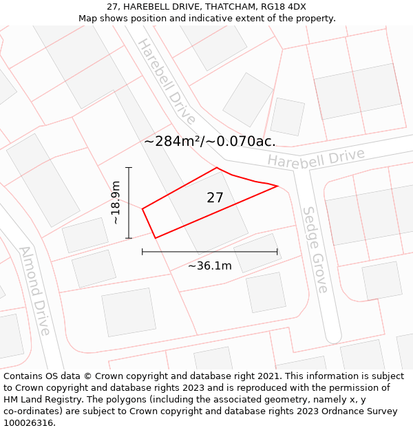 27, HAREBELL DRIVE, THATCHAM, RG18 4DX: Plot and title map