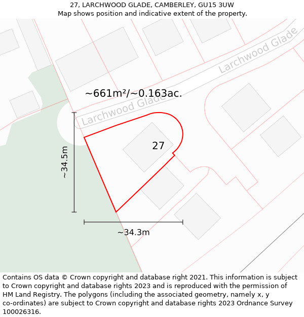 27, LARCHWOOD GLADE, CAMBERLEY, GU15 3UW: Plot and title map