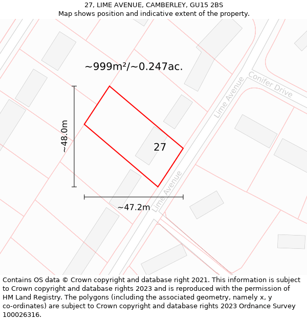 27, LIME AVENUE, CAMBERLEY, GU15 2BS: Plot and title map