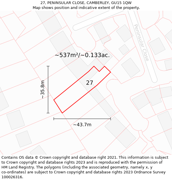 27, PENINSULAR CLOSE, CAMBERLEY, GU15 1QW: Plot and title map