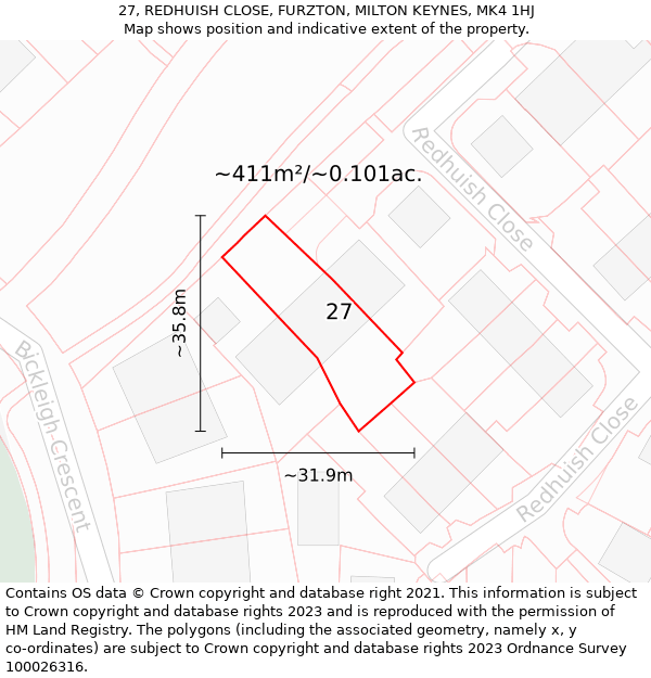 27, REDHUISH CLOSE, FURZTON, MILTON KEYNES, MK4 1HJ: Plot and title map