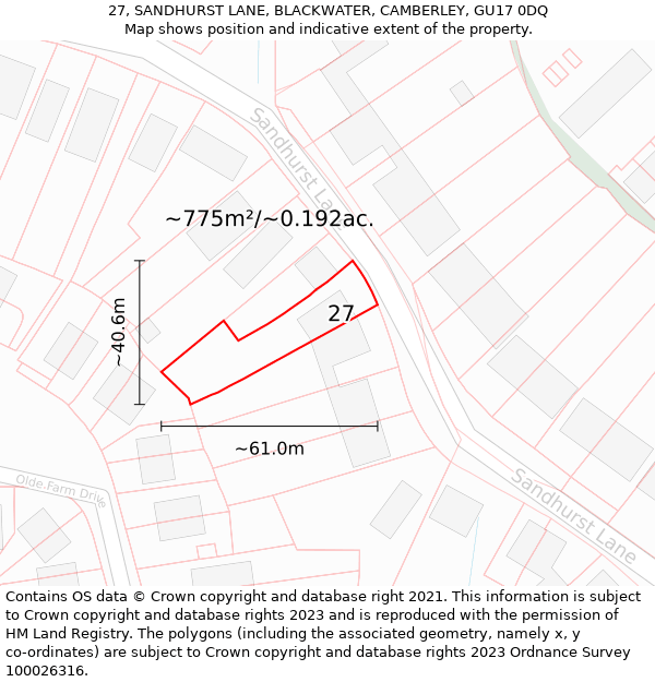 27, SANDHURST LANE, BLACKWATER, CAMBERLEY, GU17 0DQ: Plot and title map